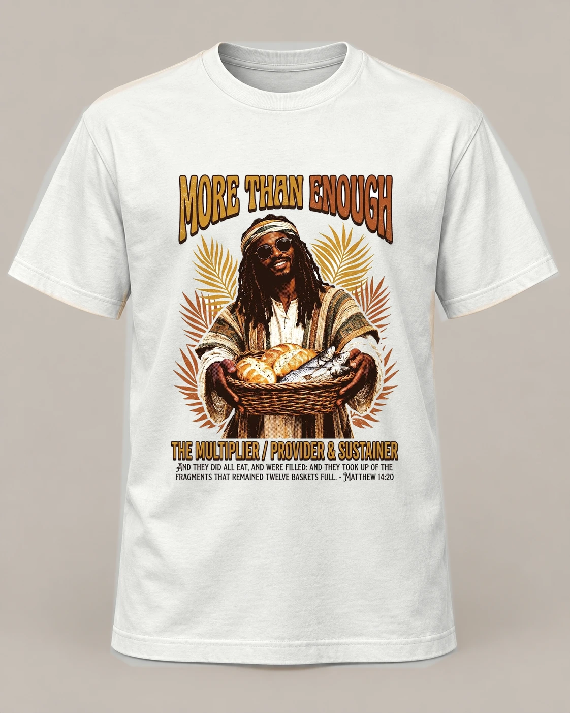 More Than Enough, White crew concept, front — AI garment preview; placement and color may vary. Not a production proof.