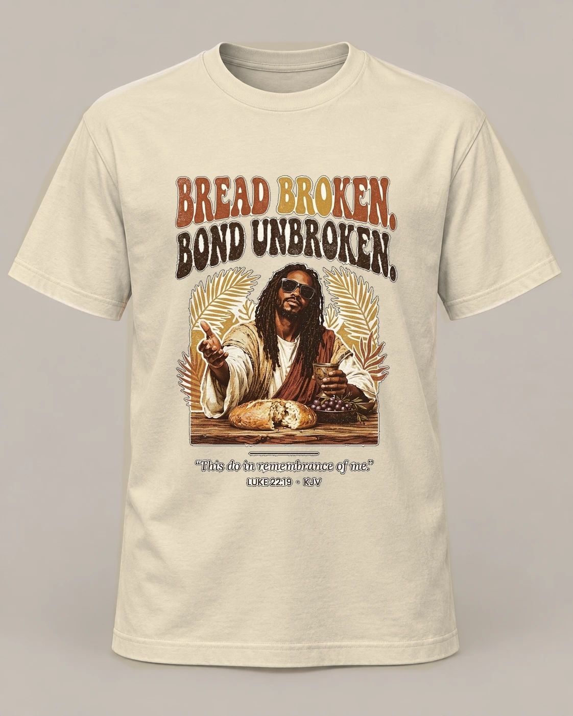 Bread Broken. Bond Unbroken., Natural crew concept, front — AI garment preview; placement and color may vary. Not a production proof.