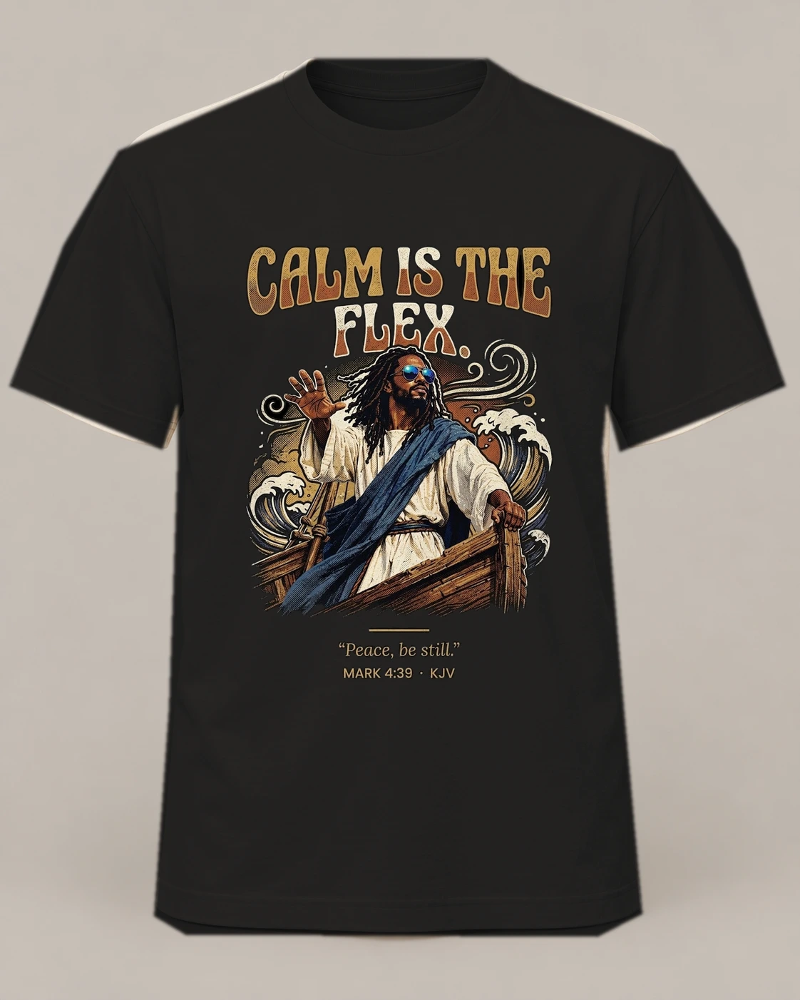 Calm Is the Flex, Black crew concept, front — AI garment preview; placement and color may vary. Not a production proof.