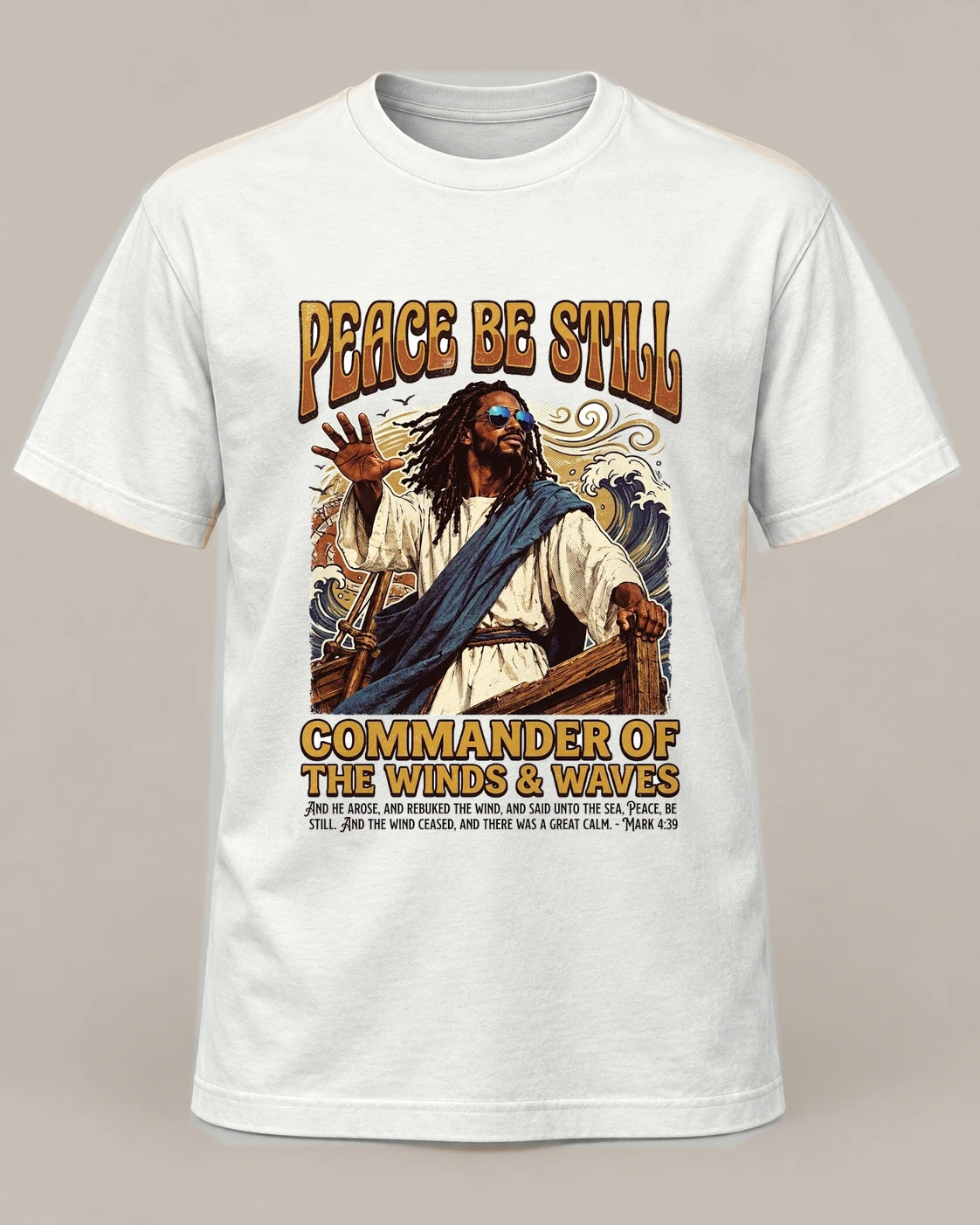 Peace Be Still - Commander of the Winds & Waves, White crew concept, front — AI garment preview; placement and color may vary. Not a production proof.