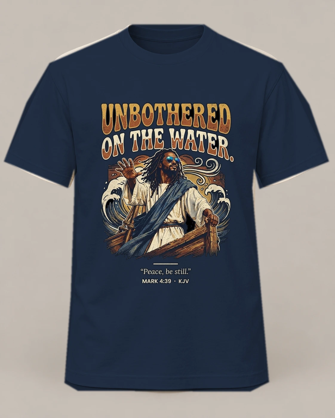 Unbothered on the Water, Navy crew concept, front — AI garment preview; placement and color may vary. Not a production proof.